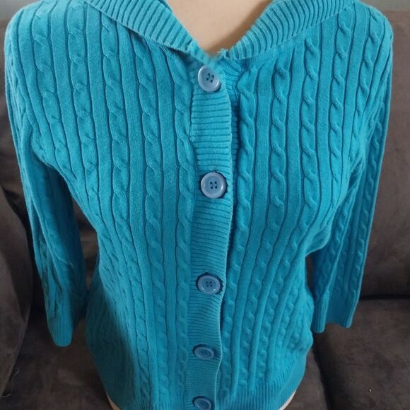 Willi Smith Turquoise Cable Knit Hooded Button-Up Cardigan - Picture 1 of 3